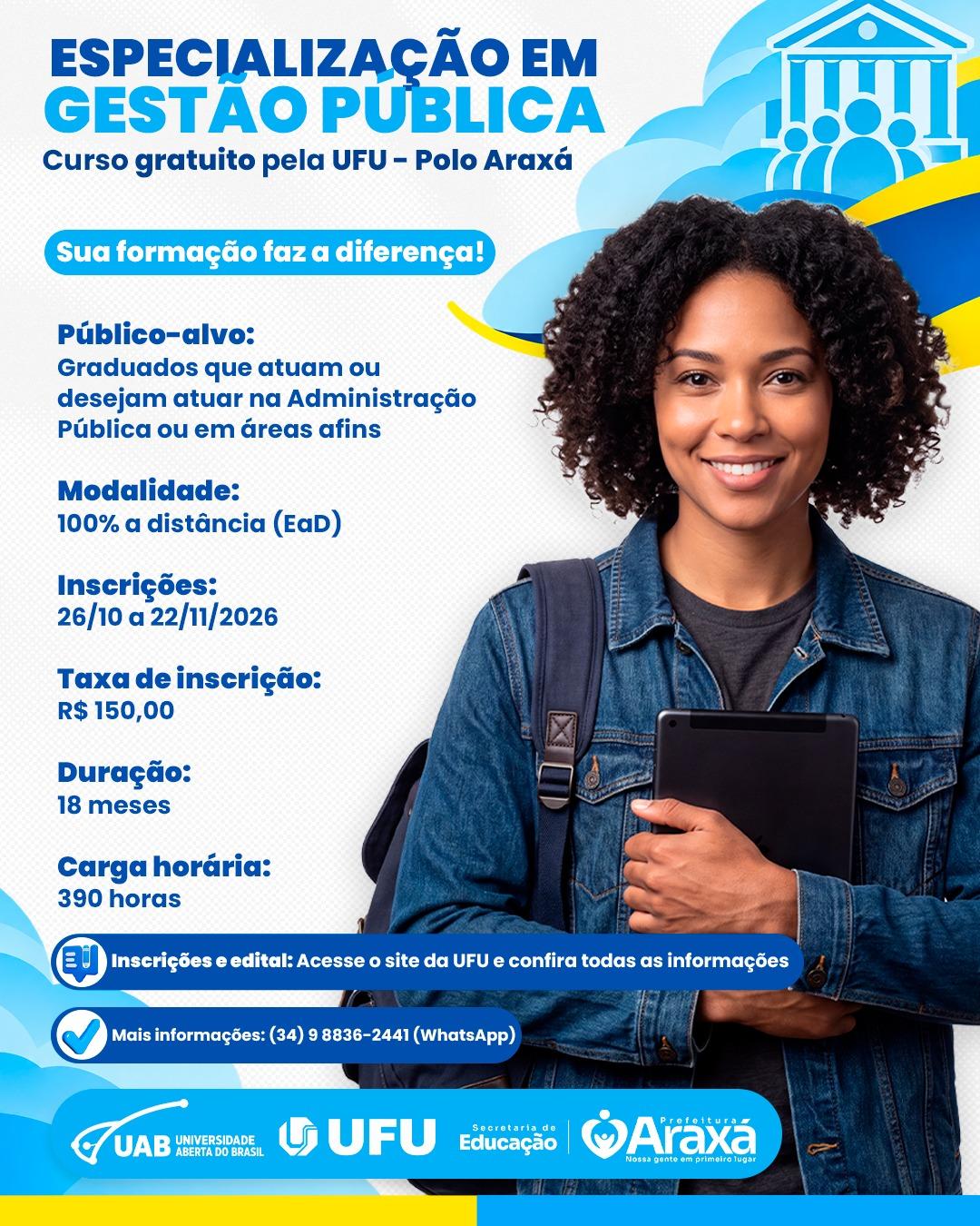 Polo UAB Araxá abre 15 vagas de Especialização em Gestão Pública pela UFU