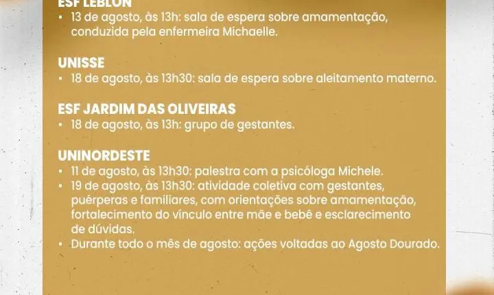 Secretaria de Saúde promove programação especial durante o Agosto Dourado, mês de incentivo ao aleitamento materno