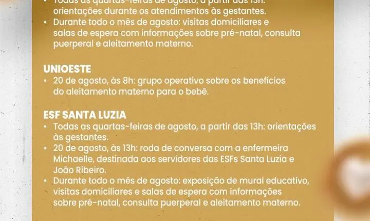 Secretaria de Saúde promove programação especial durante o Agosto Dourado, mês de incentivo ao aleitamento materno