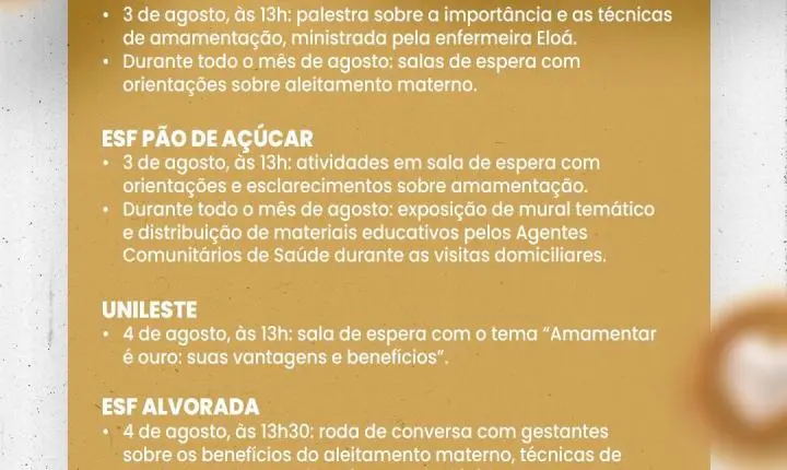 Secretaria de Saúde promove programação especial durante o Agosto Dourado, mês de incentivo ao aleitamento materno
