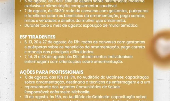 Secretaria de Saúde promove programação especial durante o Agosto Dourado, mês de incentivo ao aleitamento materno