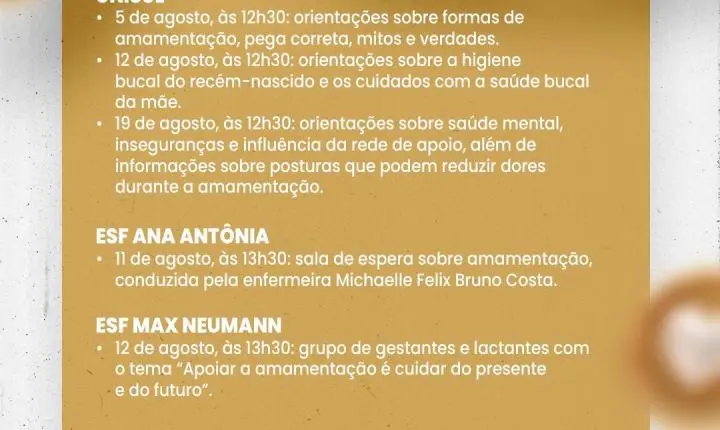 Secretaria de Saúde promove programação especial durante o Agosto Dourado, mês de incentivo ao aleitamento materno